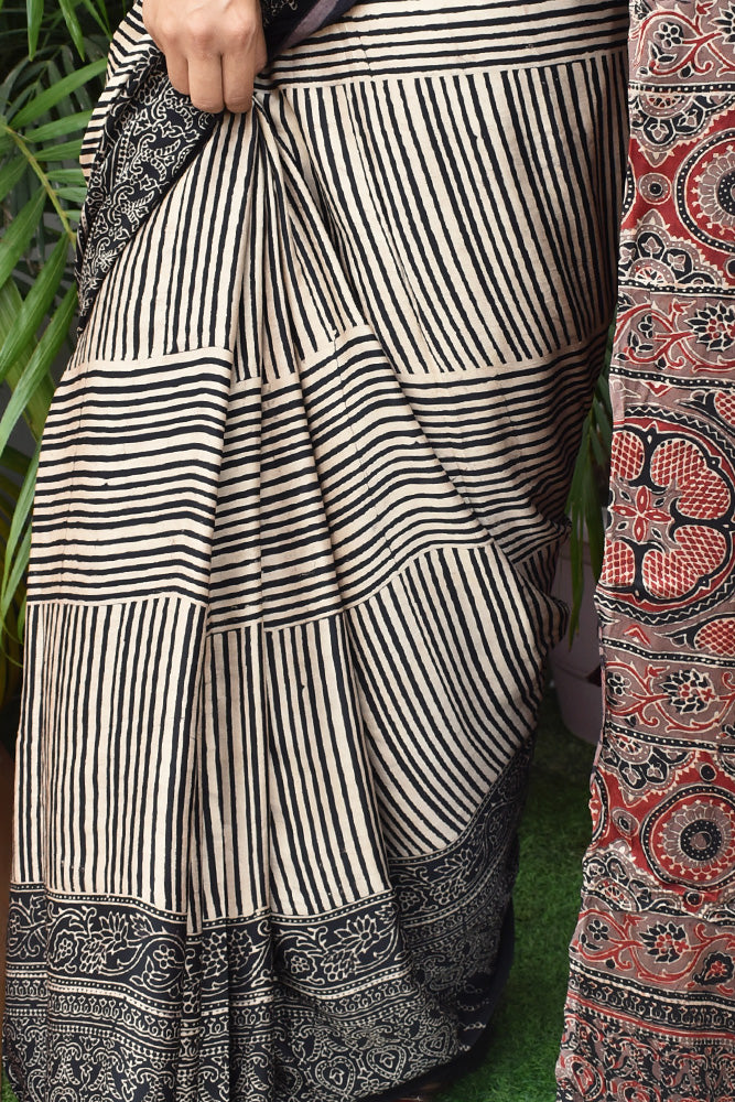 Elegant Hand Block Printed Ajrakh Modal Silk Saree with tassels