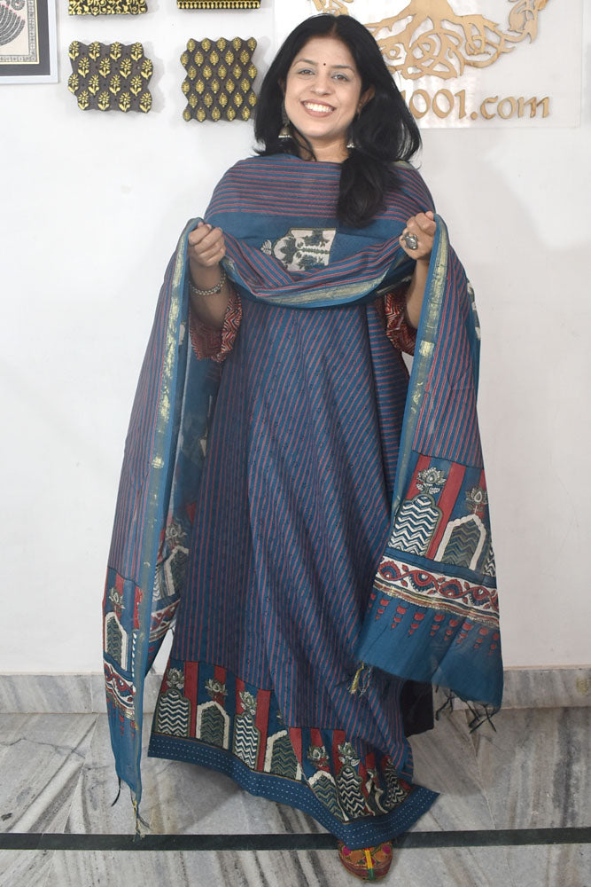 Elegant Hand Block print cotton suit with Schiffli work & Chanderi dupatta