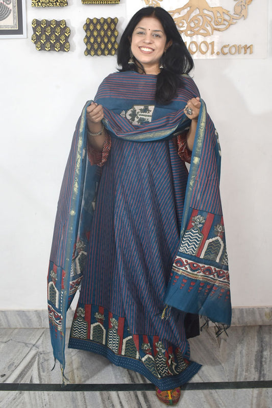 Elegant Hand Block print cotton suit with Schiffli work & Chanderi dupatta