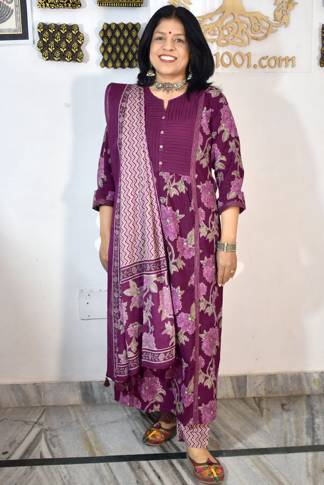Beautiful Block Printed Cotton suit with Hand Embroidery - Kurta , Cotton Dupatta & Pant - size  38, 40, 42, 44