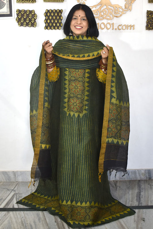 Beautiful Pure Linen Ajrakh  Hand Block Print Suit