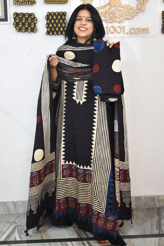 Designer Ajrakh Modal Silk Unstitched suit with  panel design, Ajrakh Dupatta & Bottom- 3 piece set