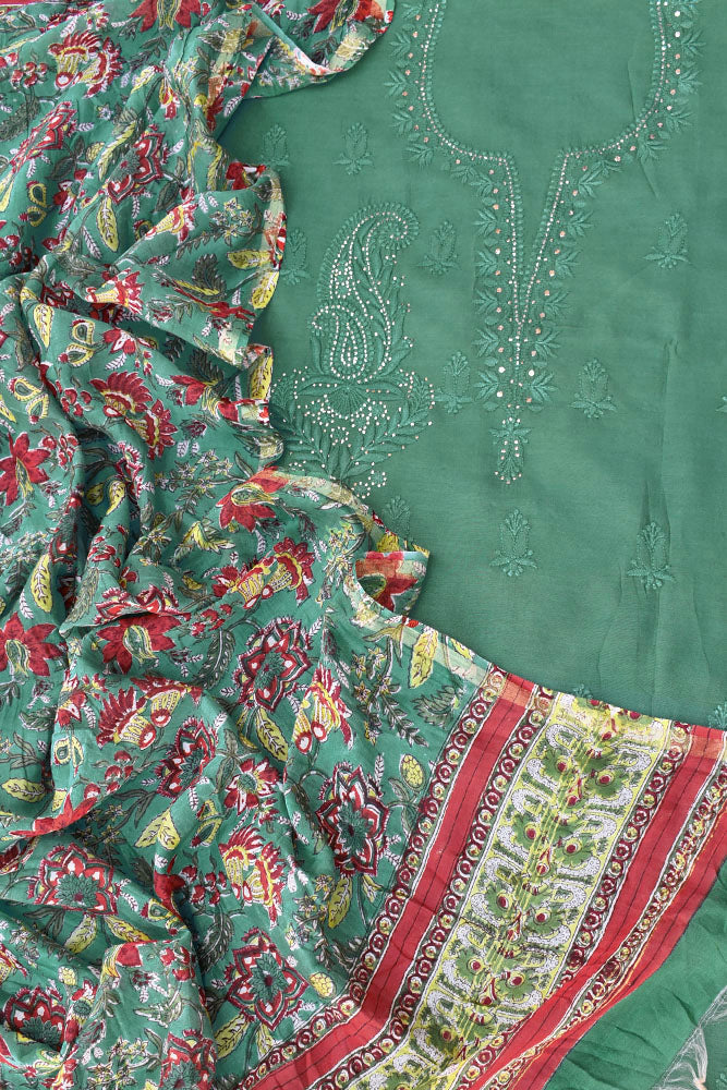 Beautiful Sanganer Block Print Chanderi dupatta with Chanderi Chikankari & Muqaish Work Kurta