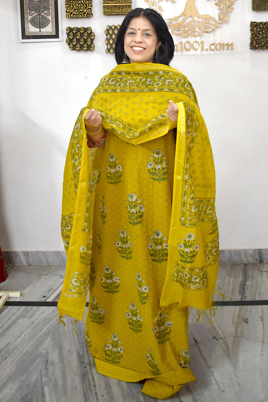 Elegant Hand Block print cotton suit with Schiffli work & Chanderi dupatta
