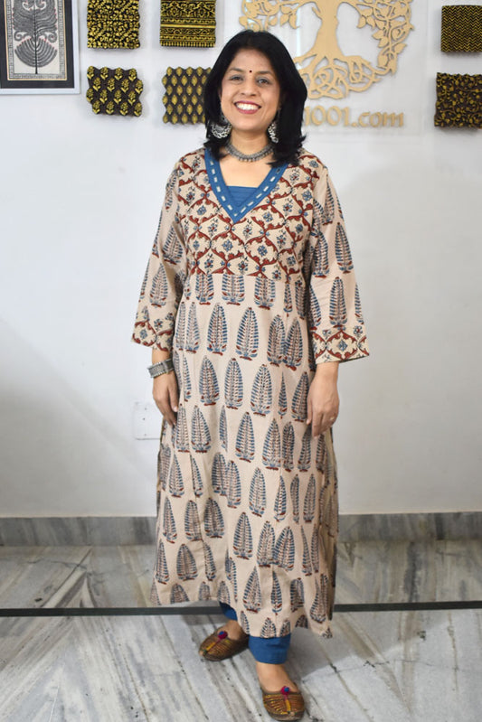 Beautiful Hand Block Printed Ajrakh Cotton kurta with Kutch Mirror work , Size 40 to 46