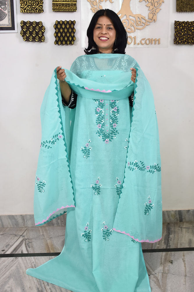 Elegant Kota Unstitched Kurta & Dupatta set with Hand done Phool patti work and Applique border