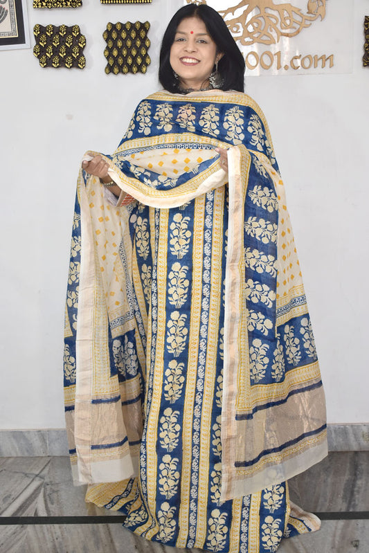 Bagh Hand Block Printed unstitched 3 pcs Handwoven Maheshwari suit fabric with Zari borders