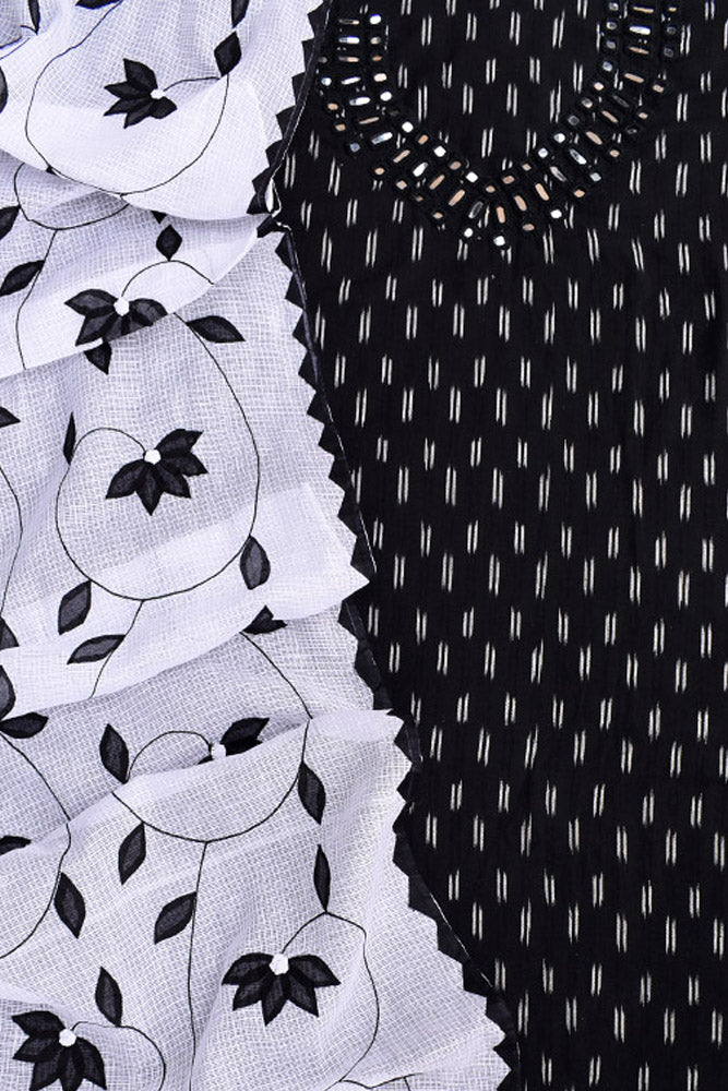 Handwoven Ikkat Cotton Kurta fabric with Kutch Mirror work & Hand Phool Patti kota dupatta