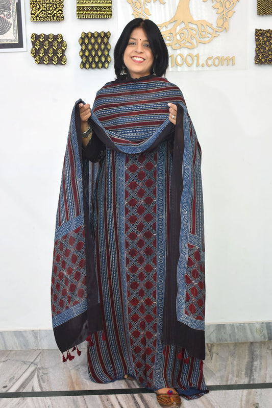 Ajrakh Hand Block Print Georgette Dupatta & Georgette Kurta Fabric