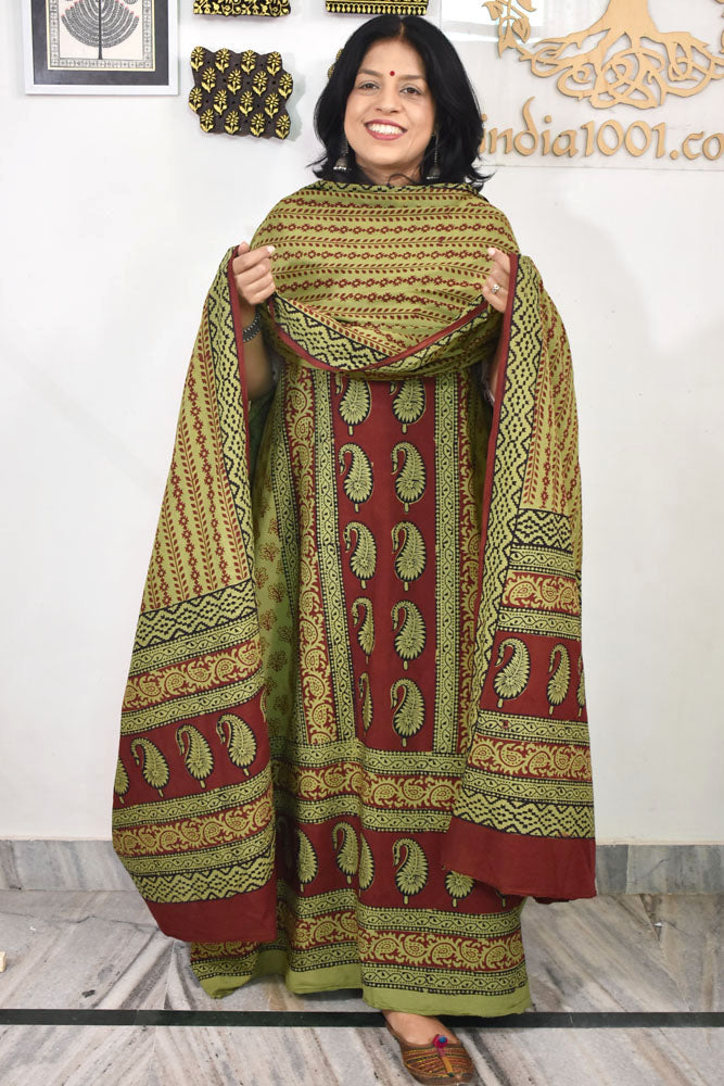 Bagh Hand Block Printed unstitched 3 pc Cotton suit fabric with Placement block print from MP