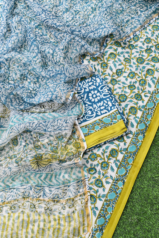 Beautiful Hand Block Printed Cotton unstitched suit fabric with Kota Doria Dupatta