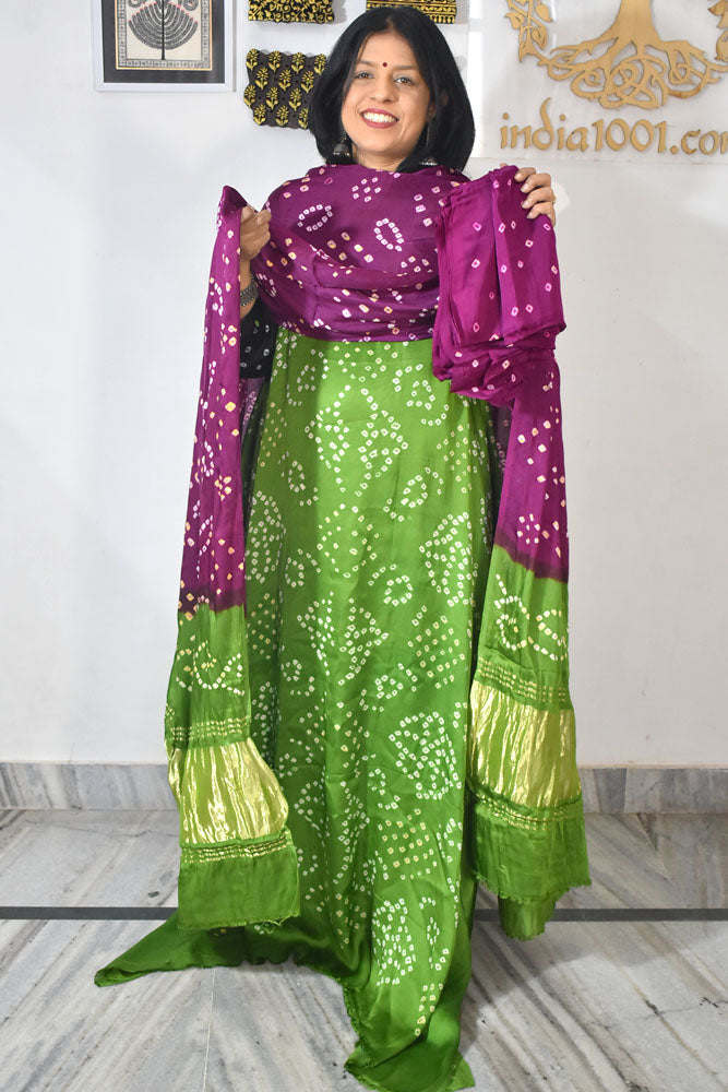 Tie & Dye Kutch Bandhani modal silk Unstitched Suit with Bandhani Bottom