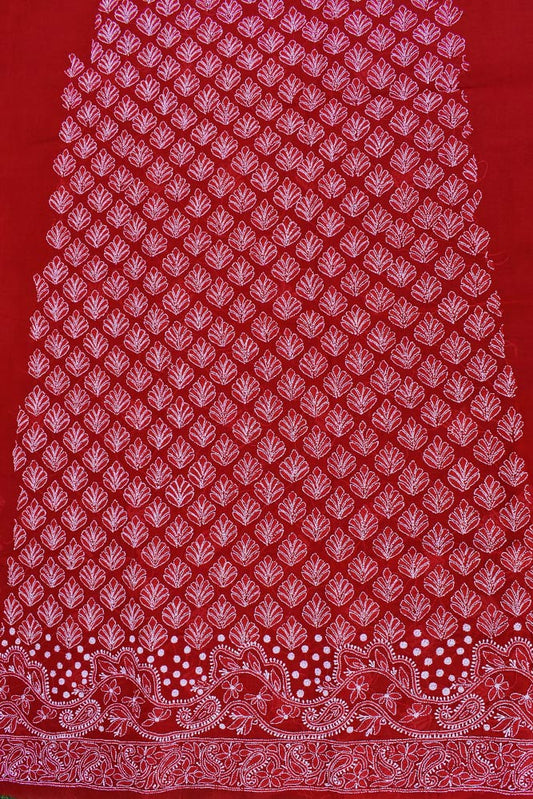 Premium Hand Embroidered Chikankari work Voile fabric - Vermilion Red