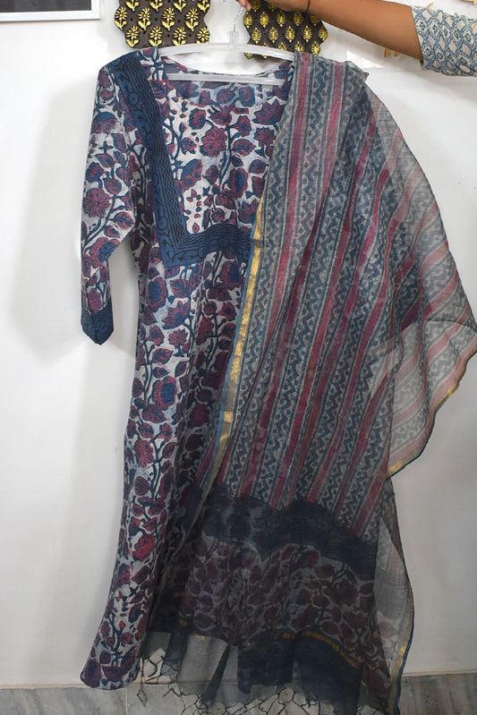 Vanaspati Ajrakh Hand Block Printed stitched 3 pc Cotton suit - 38 to 46 size