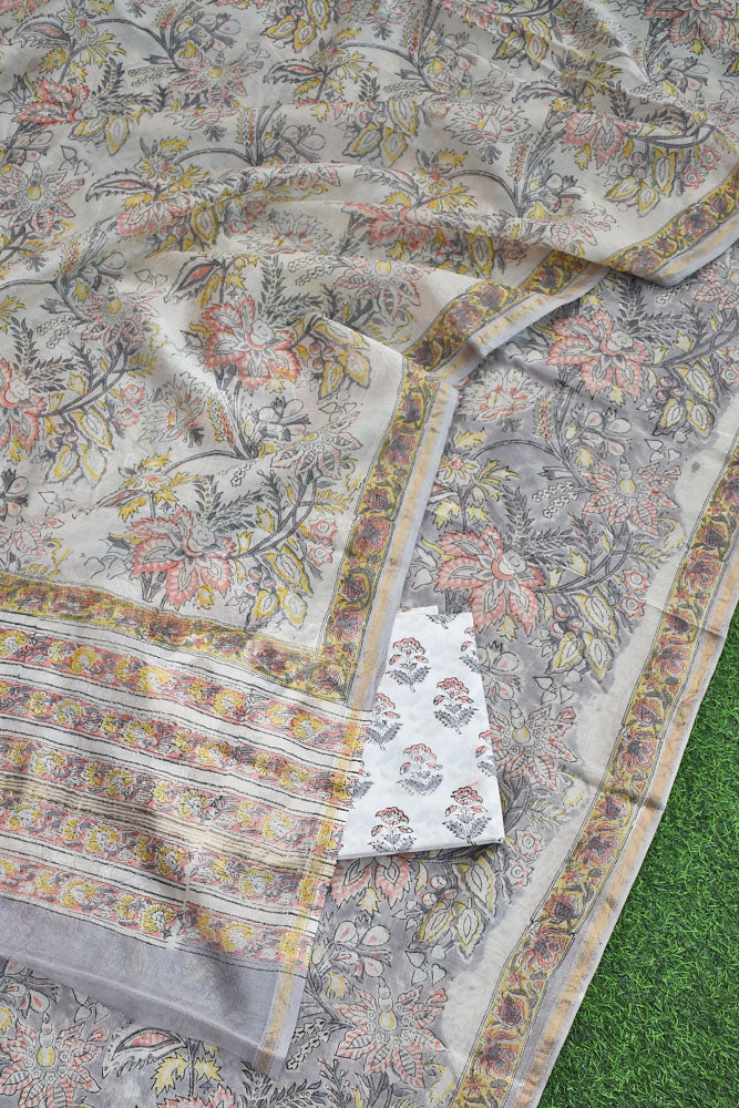 Elegant Sanganer Hand Block Printed Maheshwari Unstitched suit fabric