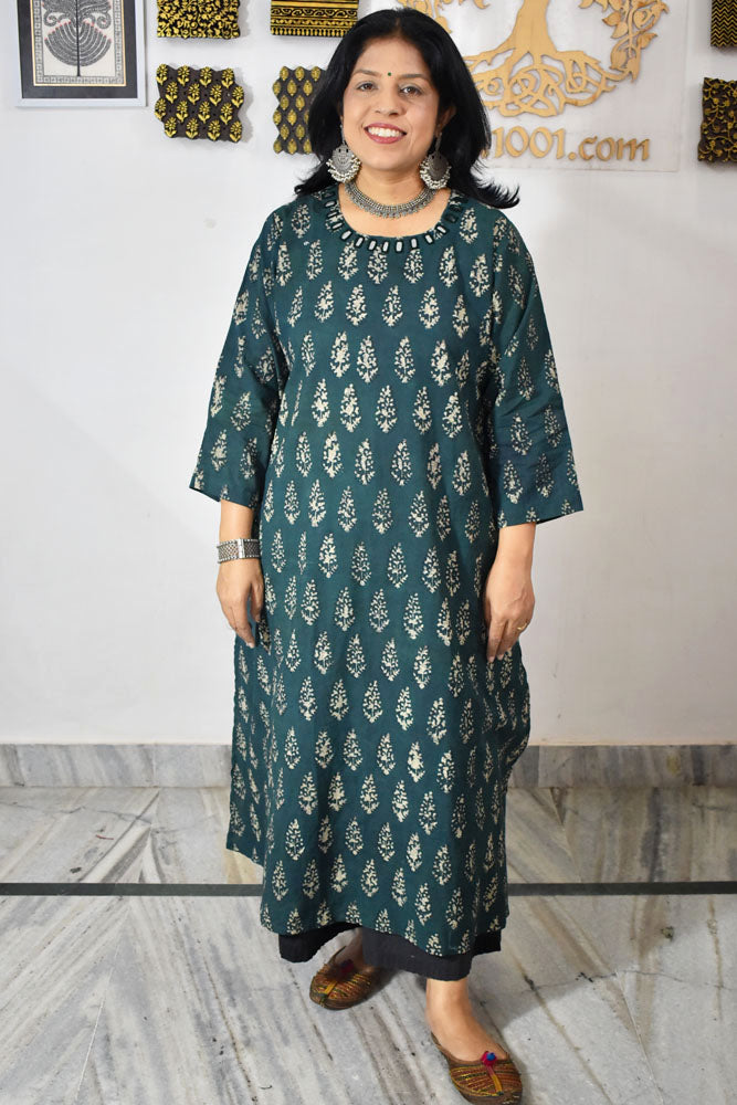 Beautiful Hand Block Printed Vanaspati Ajrakh Cotton kurta with Kutch Mirror work , Size 40 to 46