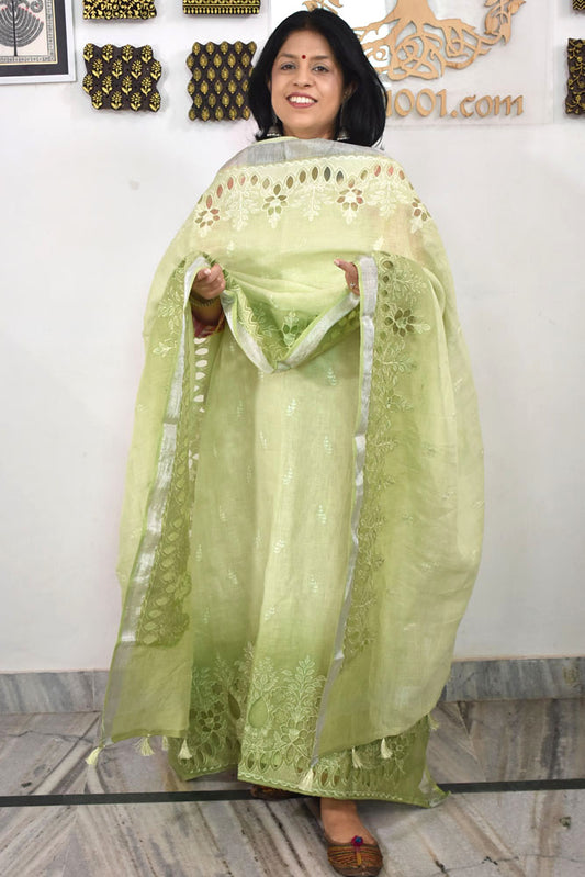 Beautiful Pure Linen suit with intricate embroidery on the kurta &amp; dupatta and cotton silk bottom