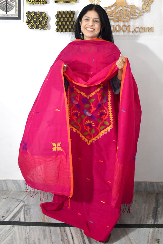 Kalakriti : Beautiful Hand Woven Soft Cotton Needle Jamdani Kurta Fabric & Dupatta set