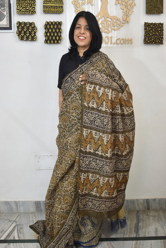 Beautiful Hand Block Printed Kota cotton Saree with zari border