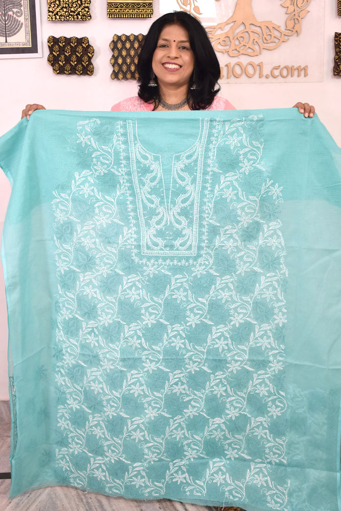Designer Hand Embroidered Chikankari Tepchi work Kota Doria fabric