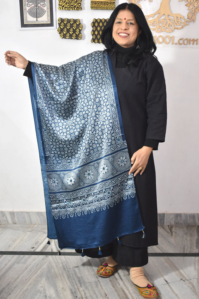 Beautiful Hand Block Printed Ajrakh Mashru Silk stole with Mirror Work