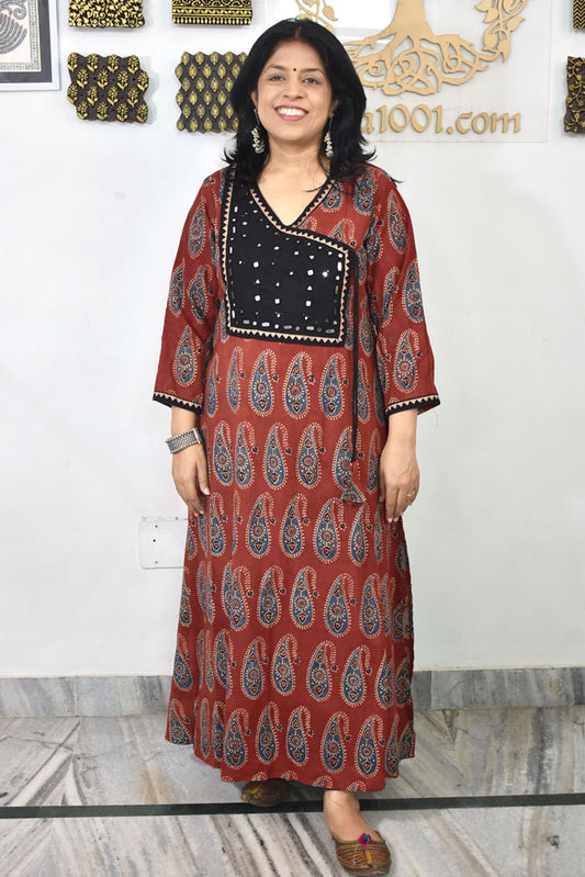 Designer Hand Block Printed Ajrakh cotton Kurta with Kutch Mirror work