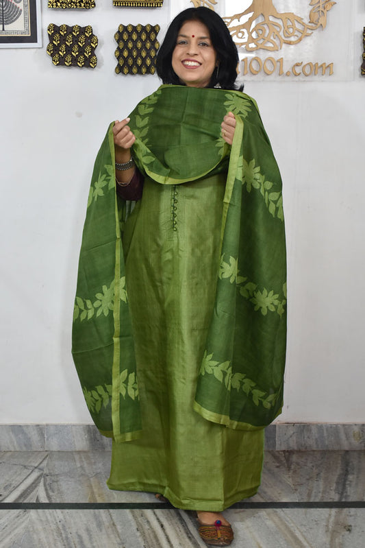 Semi Stitched Block Printed Tussar Silk Dupatta  & Tussar Kurta Fabric