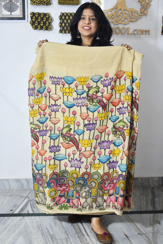 Beautiful Hand Painted Pen Kalamkari  Bangalore Silk Fabric - 2.5 mtrs cut