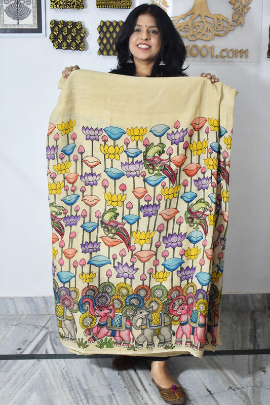 Beautiful Hand Painted Pen Kalamkari  Bangalore Silk Fabric - 2.5 mtrs cut