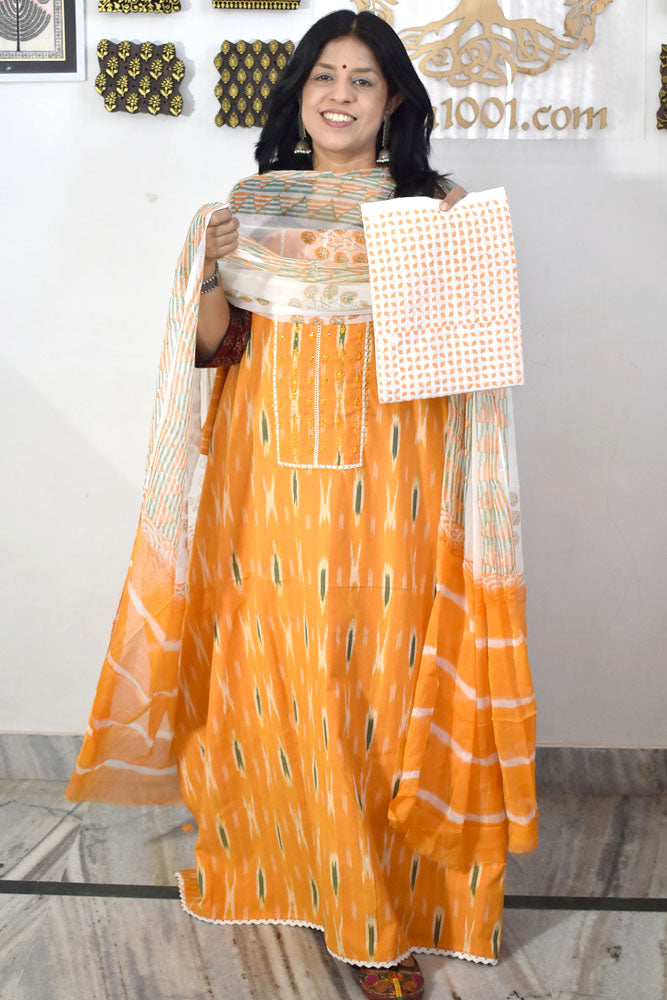 Elegant Handwoven Ikkat Cotton Unstitched Suit with Ajrakh patch ,Intricate Hand Embroidery block print dupatta