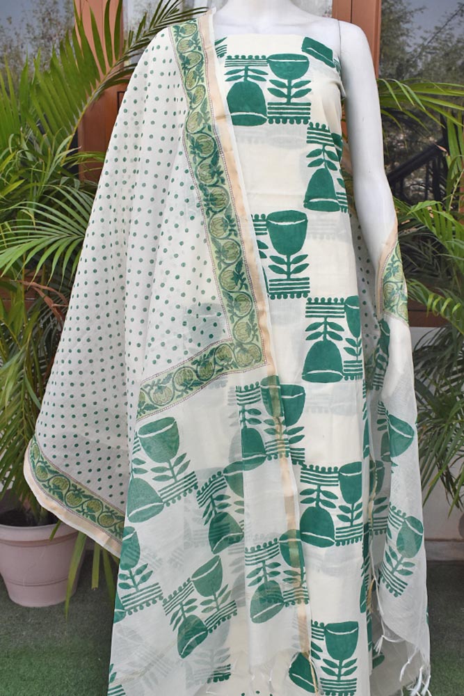 Hand Block Print Cotton suit with Chanderi dupatta