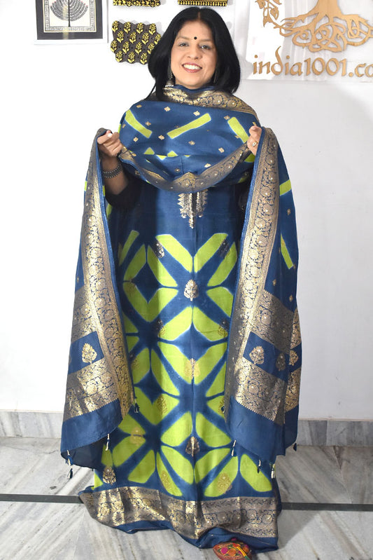 Designer Clamp Dyed Dola silk suit with woven bootis, neck pattern & borders - 3 pc suit