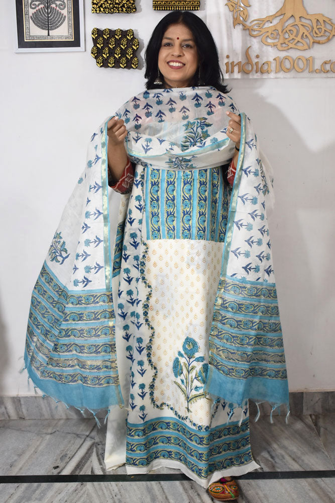 Hand Block Placement Print Cotton suit with Chanderi dupatta and panel design