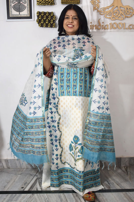 Hand Block Placement Print Cotton suit with Chanderi dupatta and panel design
