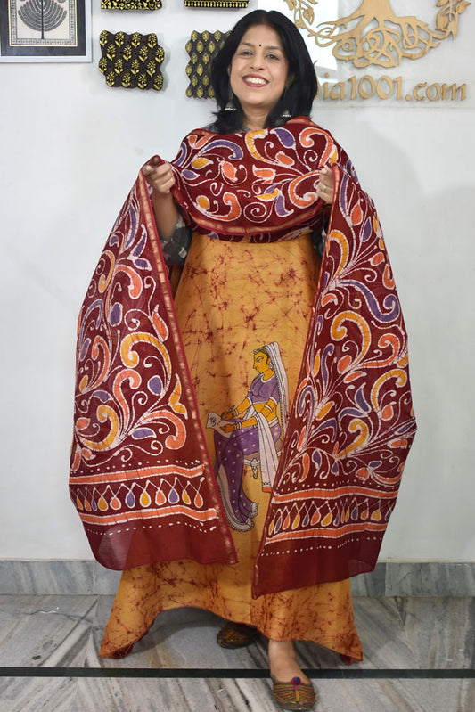 Elegant Handwoven Maheshwari silkcotton kurta fabric & dupatta set with  Wax Batik work