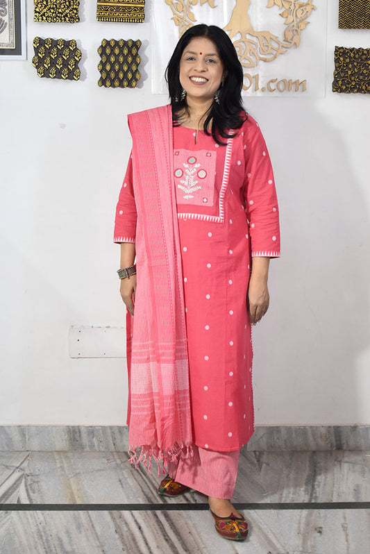 Hand Block Printed Cotton suit with Hand Embroidery - Kurta , Cotton Dupatta & Pant