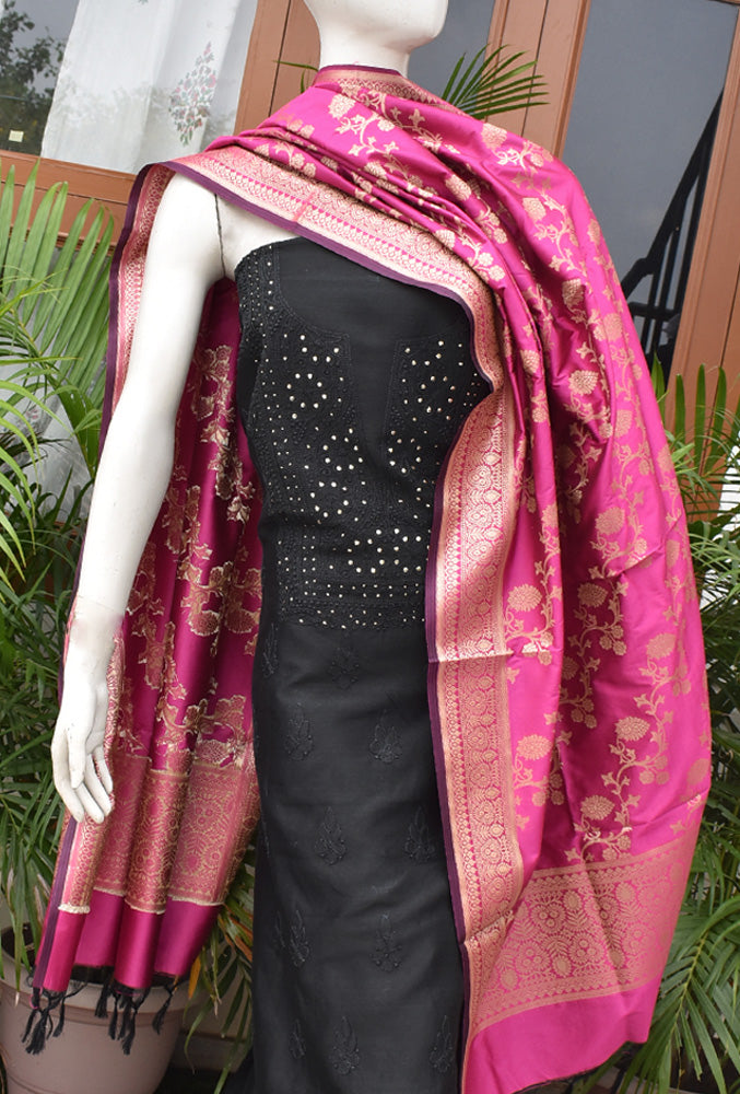 Chikankari & Muqaish work Chanderi Kurta Fabric with Banarasi Dupatta and Chanderi bottom