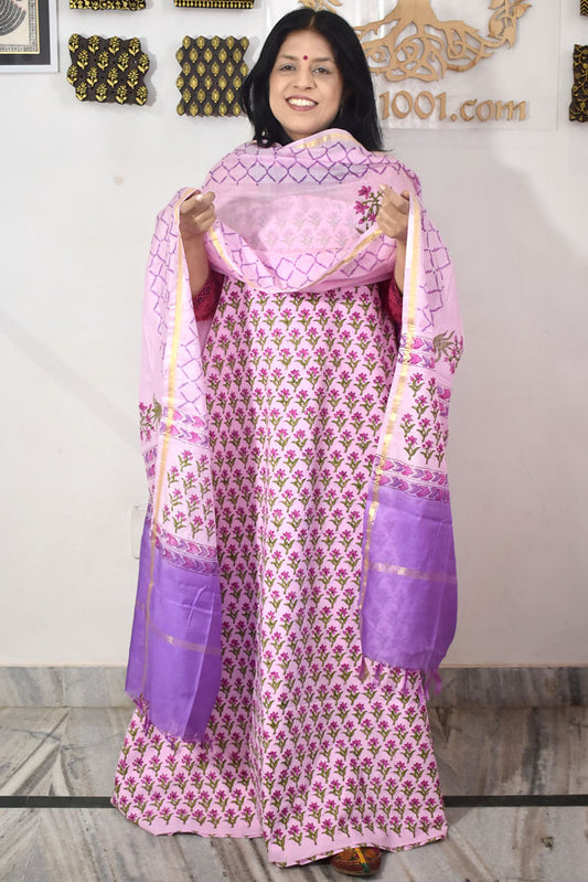 Designer Hand Block Print Cotton suit with Chanderi dupatta