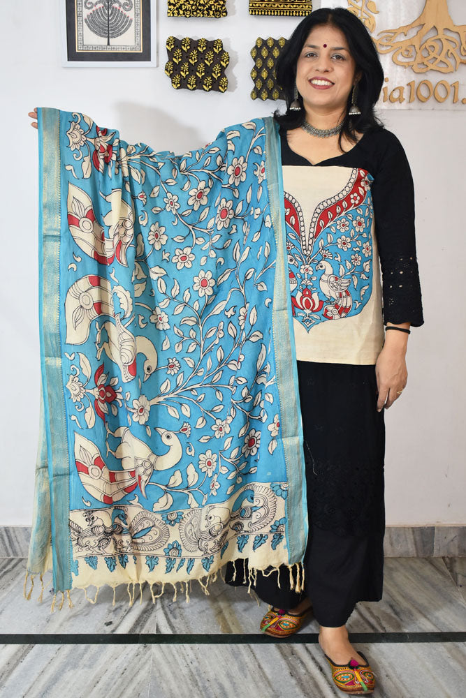 Beautiful Hand Painted Pen Kalamkari Dupatta & patch in Bangalore silk in Cotton