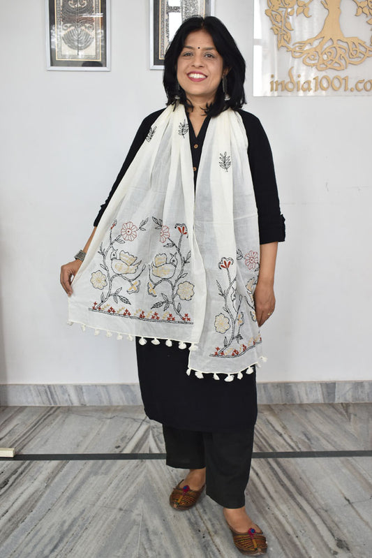 Beautiful Soft Cotton Voile Stole with Kantha work & hand embroidery & tassels