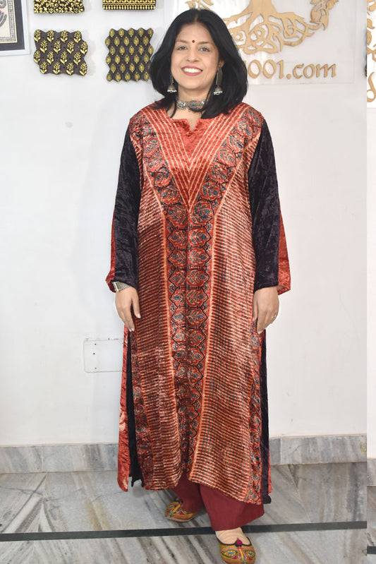 Beautiful Ajrakh Velvet Hand Block Print kurta , Size 38 to 46