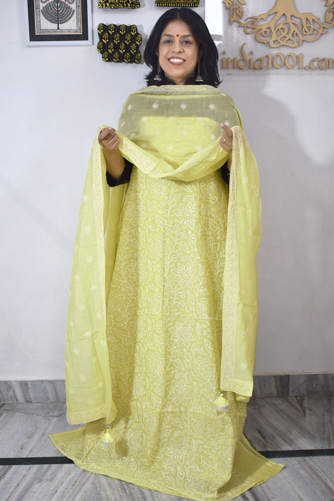 Gorgeous Mul Chanderi Kurta fabric & Dupatta set with embroidery