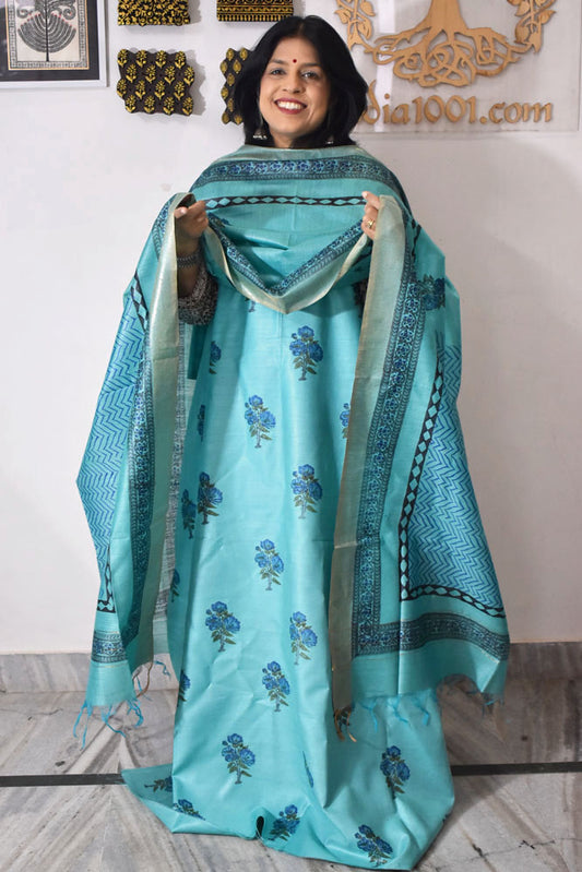 Elegant Hand Block printed Moonga Tussar Silk Kurta Dupatta Set