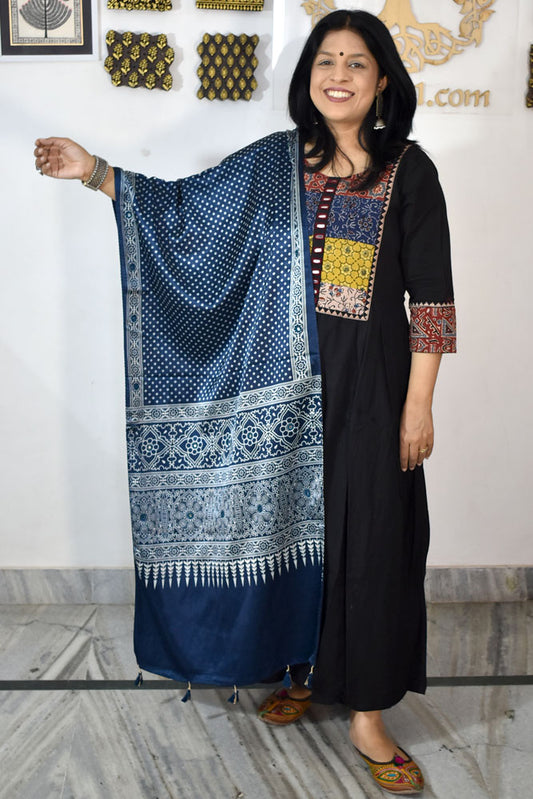 Beautiful Hand Block Printed Ajrakh Mashru Silk stole with Mirror Work