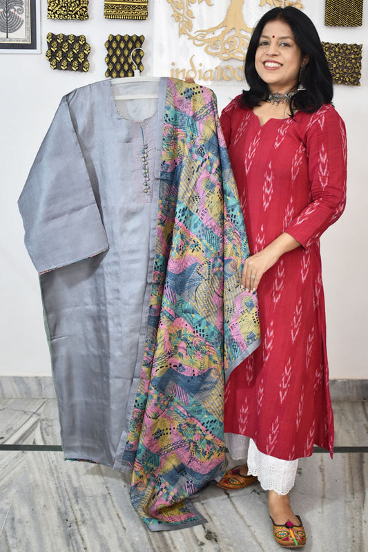 Semi Stitched Block Printed Tussar Silk Dupatta  & Tussar Kurta Fabric
