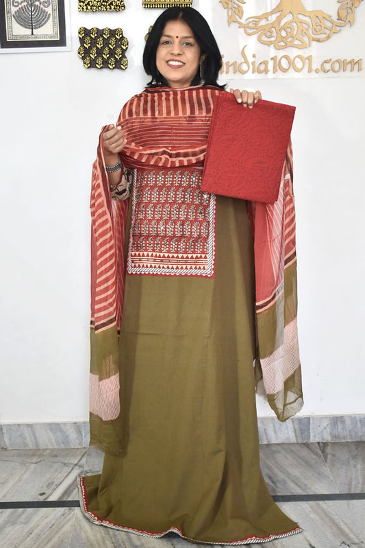 Designer Hand Block printed Cotton suit with chiffon dupatta