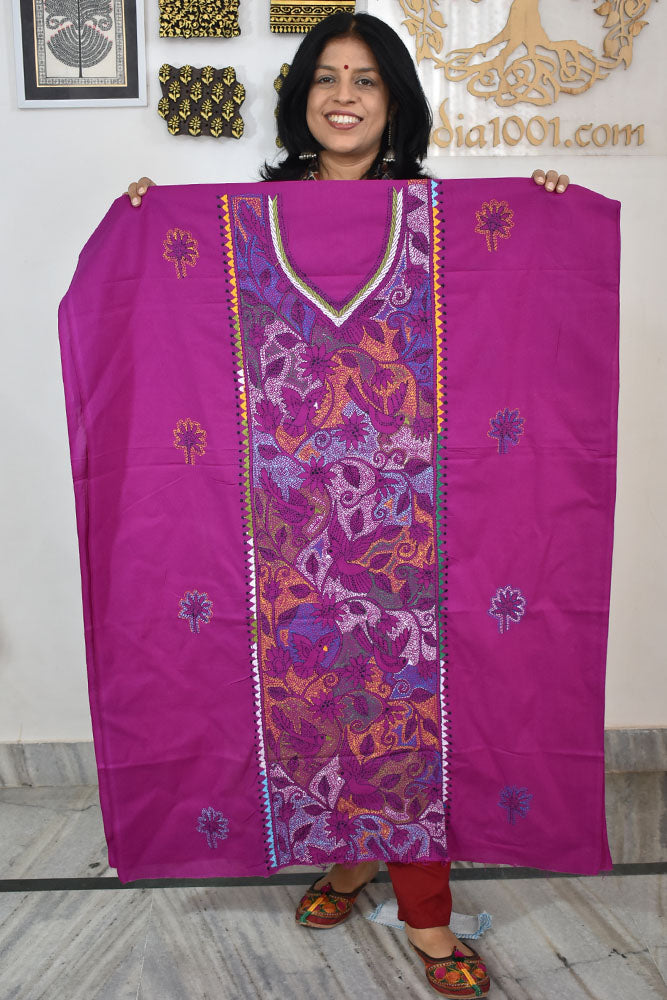 Hand Embroidered Kantha work cotton fabric - (Length 2.8 mtrs )