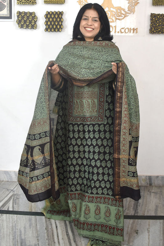 Bagh Hand Block Printed unstitched 3 pcs Handwoven Maheshwari suit fabric with Zari borders