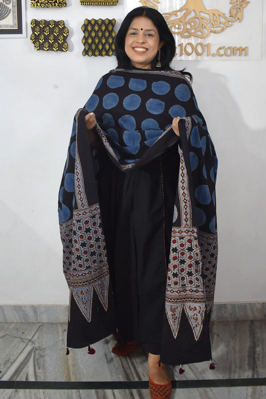Ajrakh Hand Block Printed Cotton Dupatta with Tassels & natural dyes