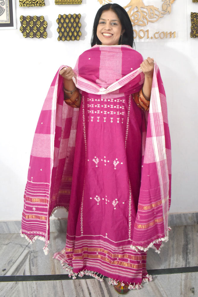 Premium Handwoven Kala Cotton Bhujodi suits with Mirror Work - 3 pc set